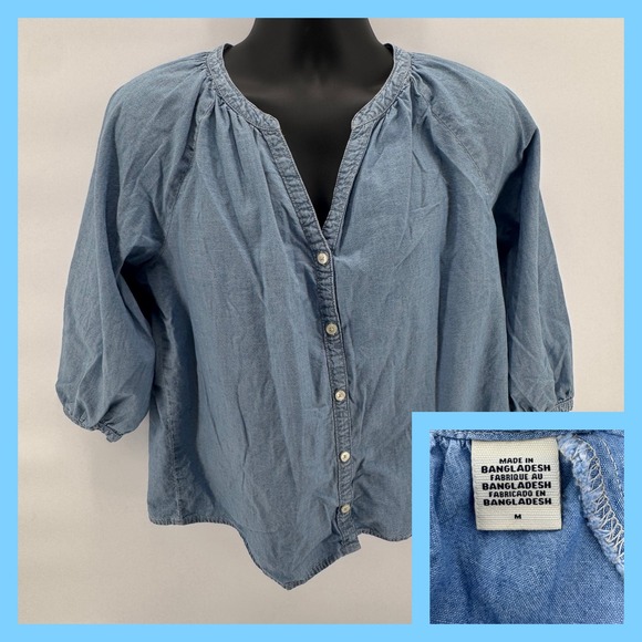 Levi's Tops - Levi's Chambray Denim Blouse Shirt 3/4 Sleeve V Neck Button Up Blue Medium